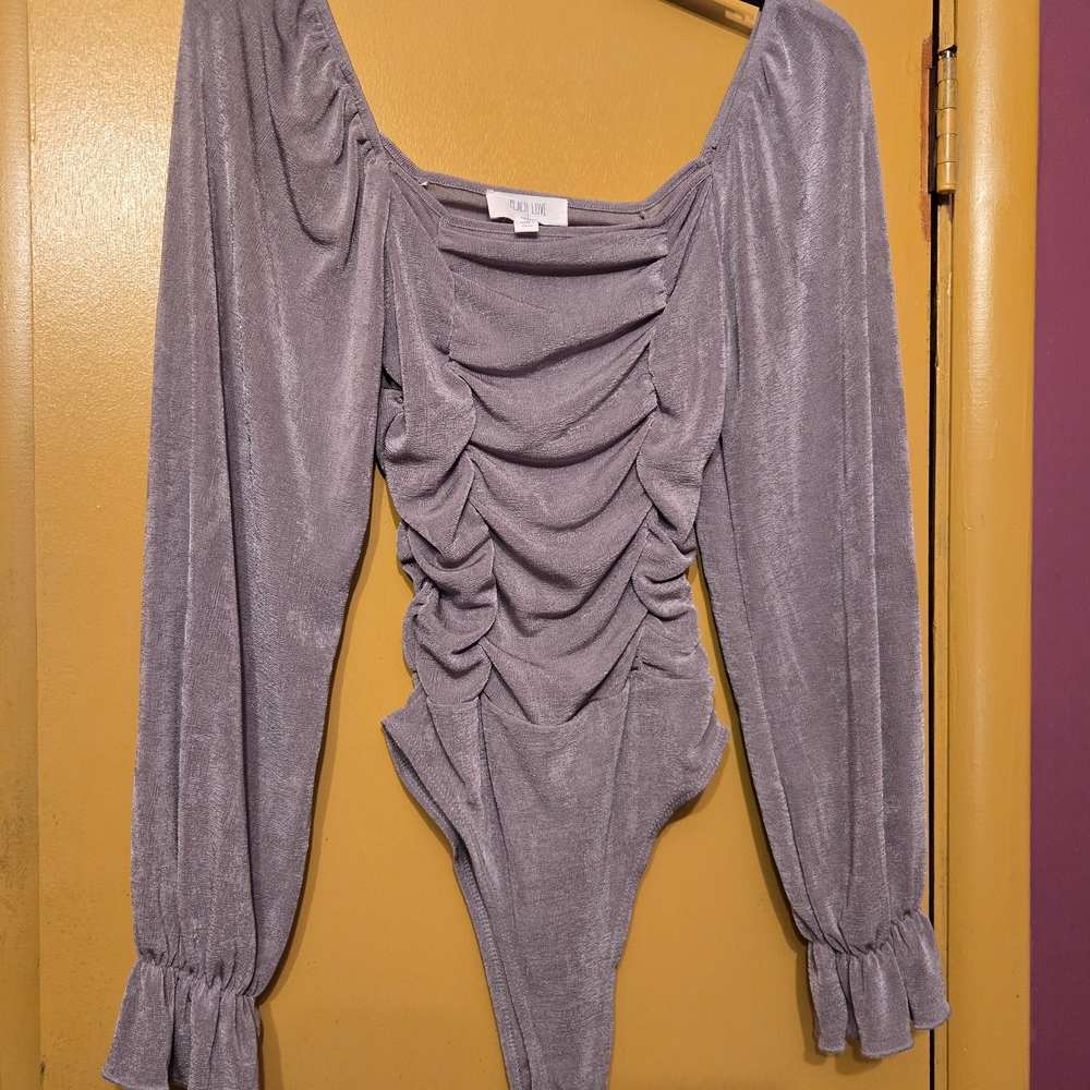 Peach Love California Ruched Gray Bodysuit